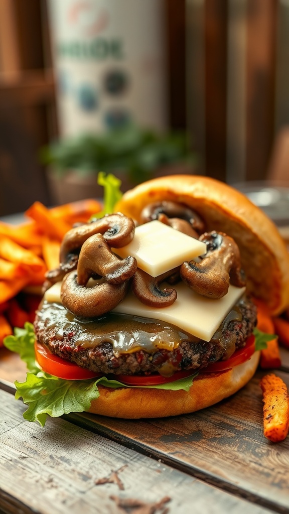 Savory Mushroom and Swiss Burger Recipe Delicious mushroom and Swiss burger with sautéed mushrooms and melted cheese on a wooden table with fries.
